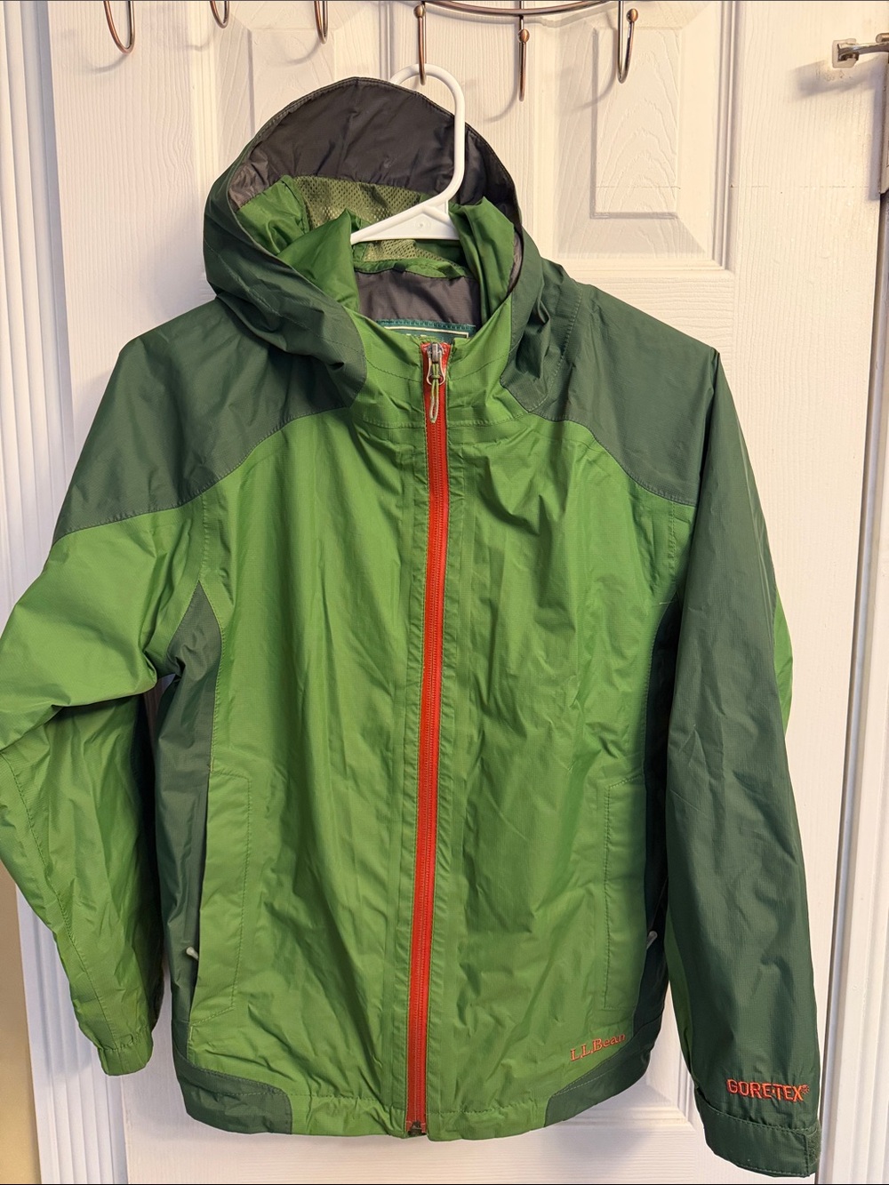 L.L. Bean Two-Tone Green Kids' Hooded Rain Jacket with Red Zip